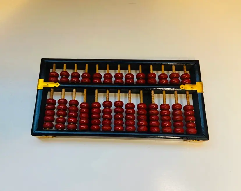 Wooden Abacus Cherry Colored Wood Beads in a Black Frame and Gold Accents Mid Century Rustic Farmhouse Modern Classic