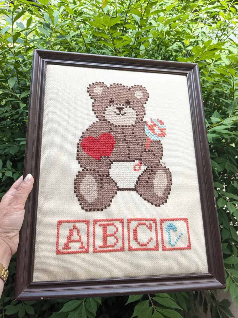 Vintage Cross Stitch Art ABC Teddy Bear 18" x 14" Framed Clean 1984 Wall Art