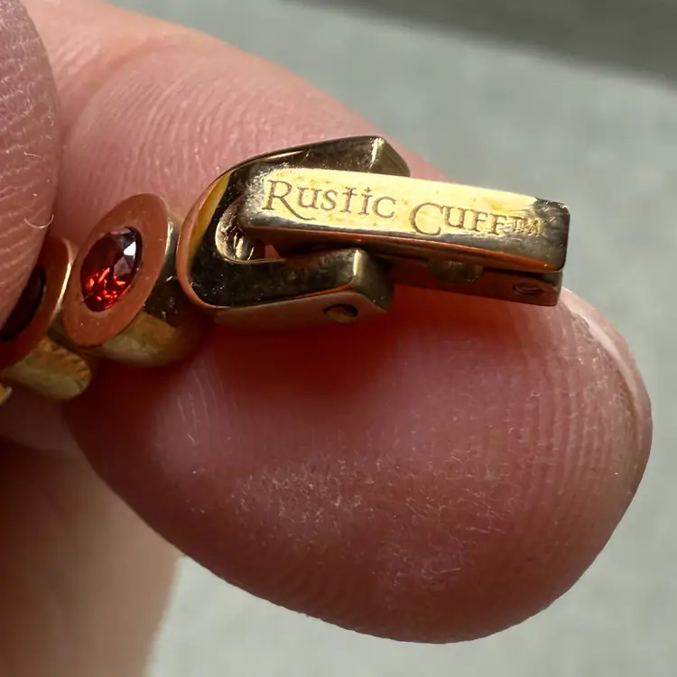 Rustic Cuff 7" Brass Copper Rose Gold Tone Link Bracelet Bezel Set Red Rhinestones