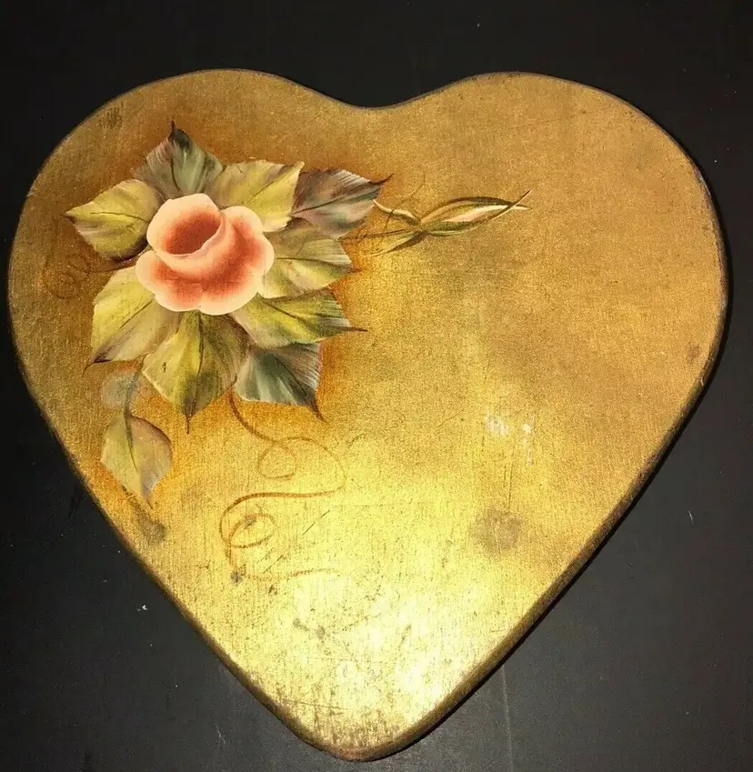 Hand Painted Rose Floral Wooden Heart Trinket Box