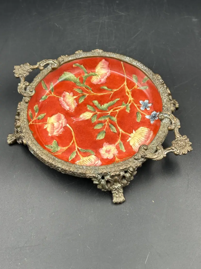 Vintage Asian Red Floral Porcelain Ring/trinket  Dish With Ornate Brass Feet, Rim & Handles