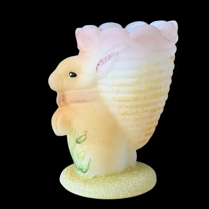 FENTON Art Glass Bunny Rabbit Egg Cup Hand Painted Satin Glass Pink•Tan•Green•Frit Glass Base• Signed With FENTON Label & Original Box
3-3/8” T x 2-3/4” L x 2” W