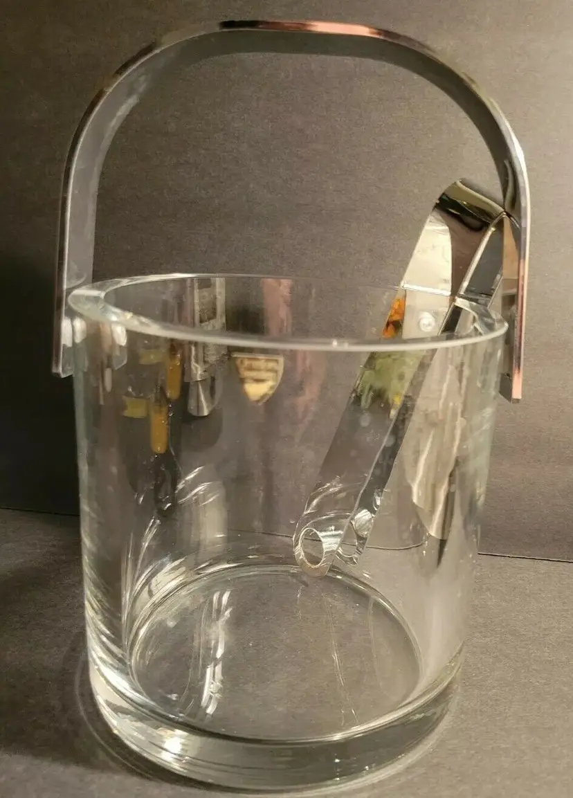 Orrefors Sweden Eames Modern Vintage Deco Crystal Ice Bucket With Tongs