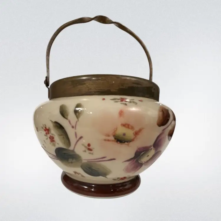 Opaline Glass Jam Jar with Hand-Painted Enamel Florals,  Twisted Handle – 3″ 
Antique- Non Magnetic Handle/Rim