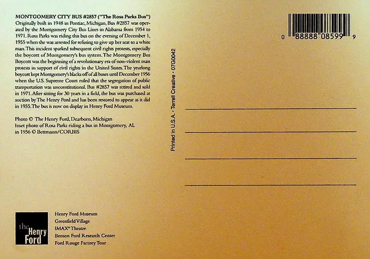 Rosa Parks Bus Postcard Henry Ford Museum Dearborn Michigan