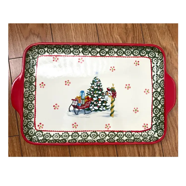 Temp-Tations Old World Pattern Ceramic Heavy Rectangle Christmas Tree Sleigh Serving Tray
