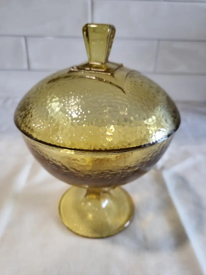 Vintage Hazel Atlas MCM Amber Pebblestone glass footed candy dish with lid