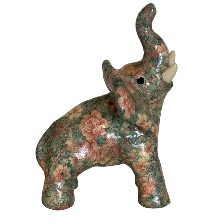Decoupage Standing Elephant Figure with Tusks Trunk Up Floral Pattern