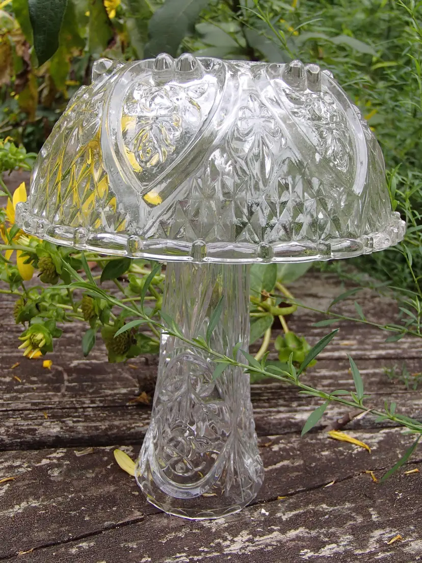 Glass Mushroom (Tall). Recycled glass. Handmade By Me! 🫶 Glass Garden Mushroom. Vintage Glass. 6” tall x 5 1/4” diameter.