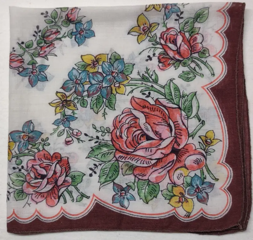 Vtg Hankie 12.75x13 Pink Roses, yellow/blue flowers, brown border H563