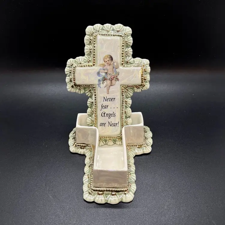Vintage Ceramic Luster Cross Trinket Jewelry Box Cherub Angels Are Near