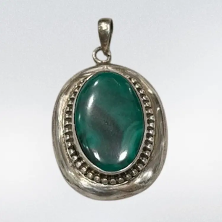 Vintage Southwest Sterling Silver & Malachite Pendant 2”, 12.9g, Tested