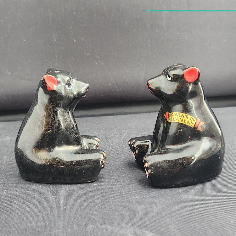 Black Bear Cub Salt & Pepper Shakers Set Kitsch Albany New York Souvenir Vintage - Japan
