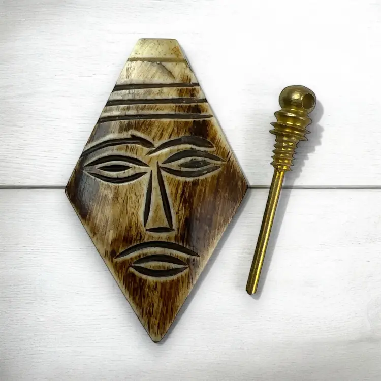Vintage Tribal Totem Wood Brass Face 70s Perfume Oil Vessel Necklace Pendant
