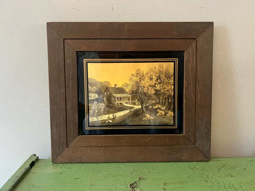 Vintage "American Homestead Spring" Currier and Ives Metalcraft Gold Foil Print in Wooden Frame. 1978 Lulu's Inc.