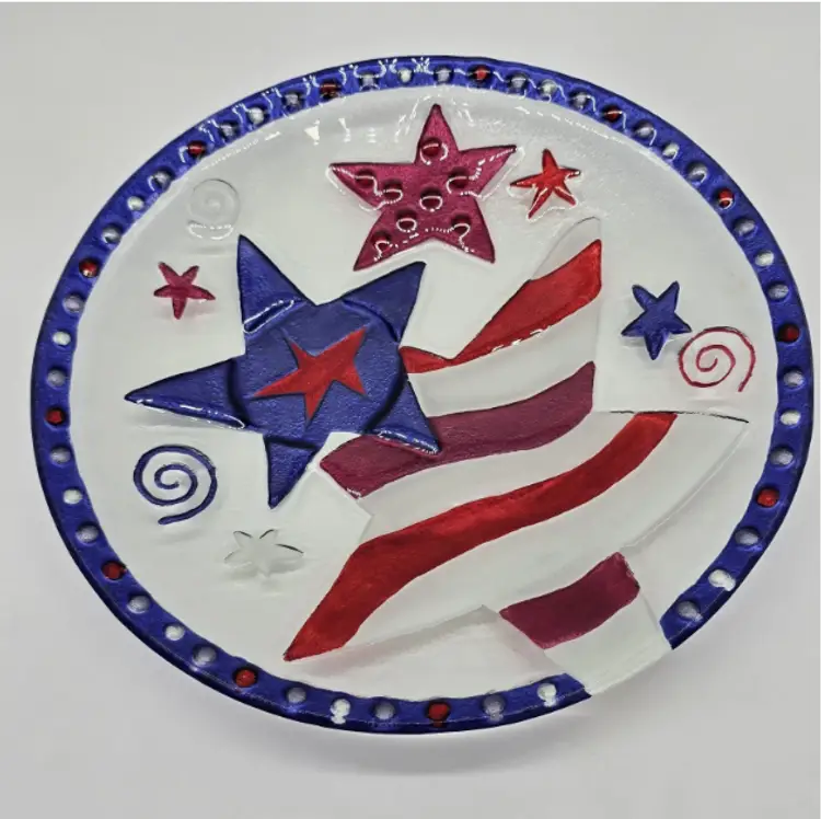 Lori Siebert Red White Blue Star 4th of July Painted Fused Glass Plate w/Bowl