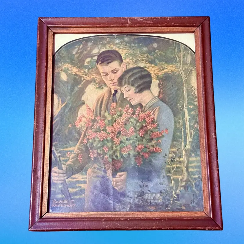 Vintage Signed Revere F. Wistehuff Courting Couple Flowers Framed Ephemera Print