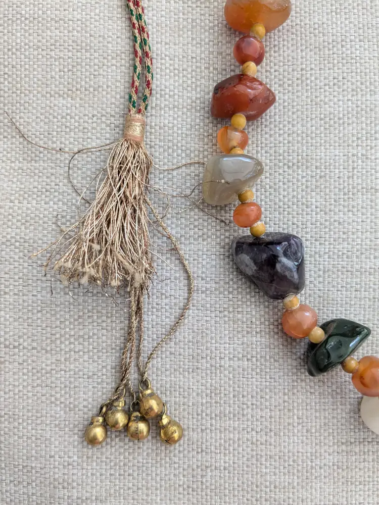 Vintage Natural Stone Necklace with Tassel and Bells