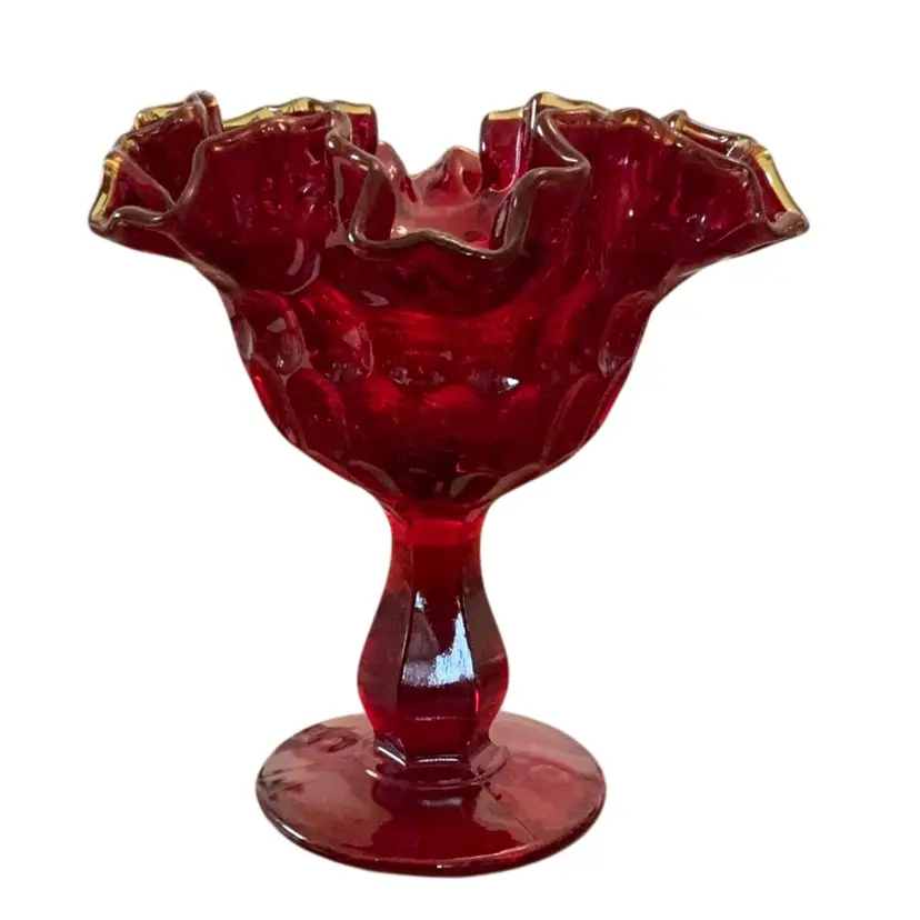 Fenton Art Glass Ruby Red Thumbprint Pedestal Compote 6” X 6”- Glows!
