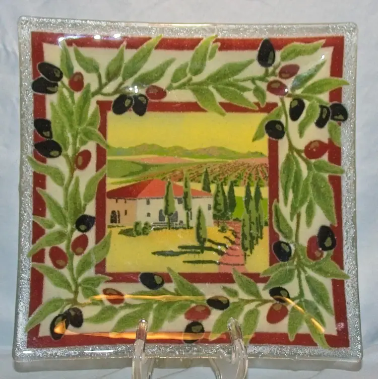 Peggy Karr Fused Glass Tuscan Villa Tray Signed 9.75"