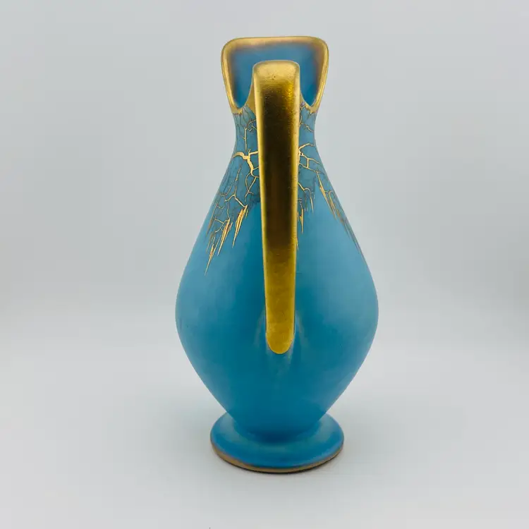 Beautiful Vintage Aqua And Gold German Pottery Pitcher Vase 8.5”