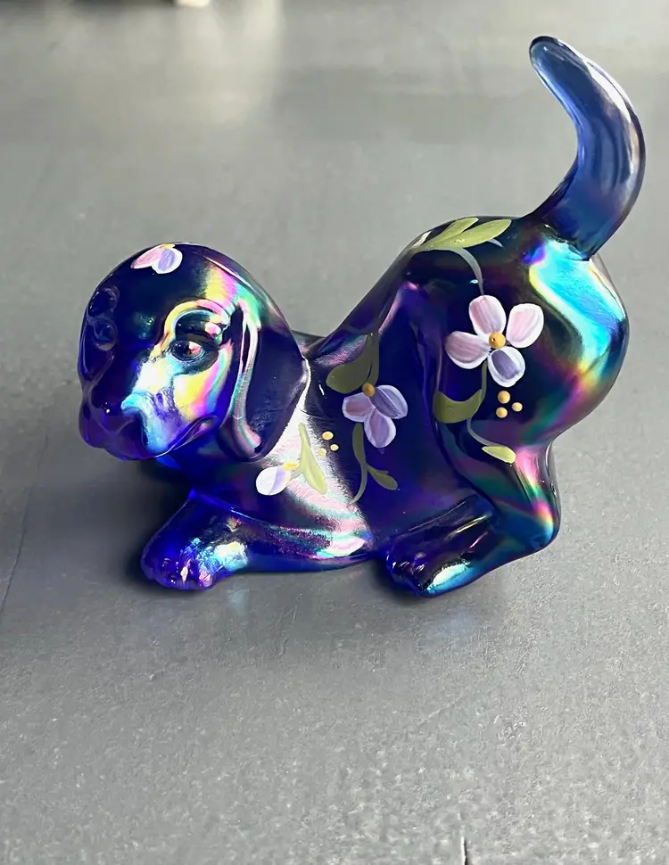 Fenton Cobalt Blue Glass Hand Painted Floral Dog Puppy Figure Excellent