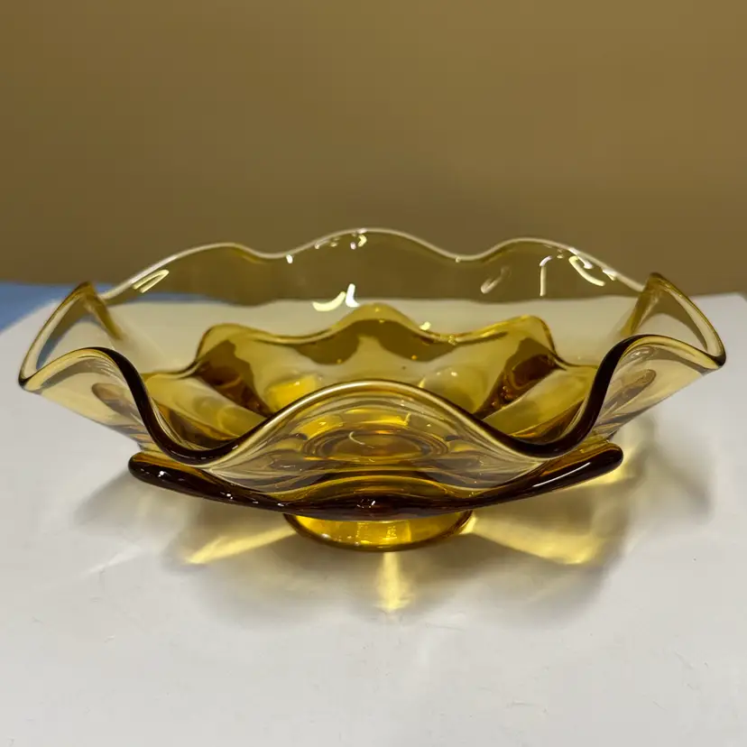 Viking Glass Amber Epic Double Ruffle Bowl 8.5” diameter