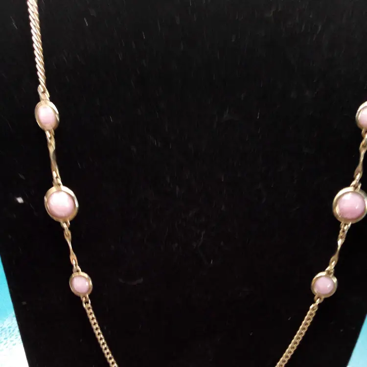 Sara Cov, Rare Find, Vintage 1970's,  Long Gold Tone Chain with Baby Pink Cabochons, 32 in.