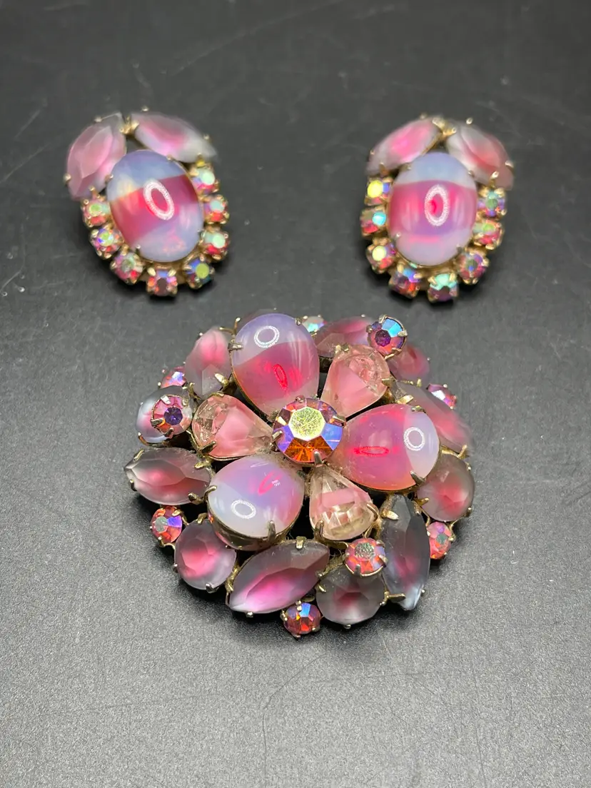 Coro Givre & AB Clip Earrings & Brooch Set