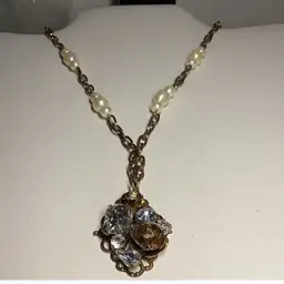 Necklace 24” With Faux Pearls & Crystals On Pendant 1.5” Newer Piece