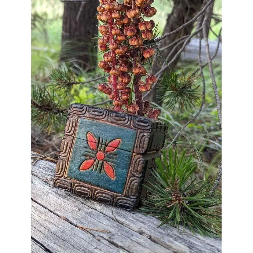 Beautiful wooden square hinged carved & painted trinket box