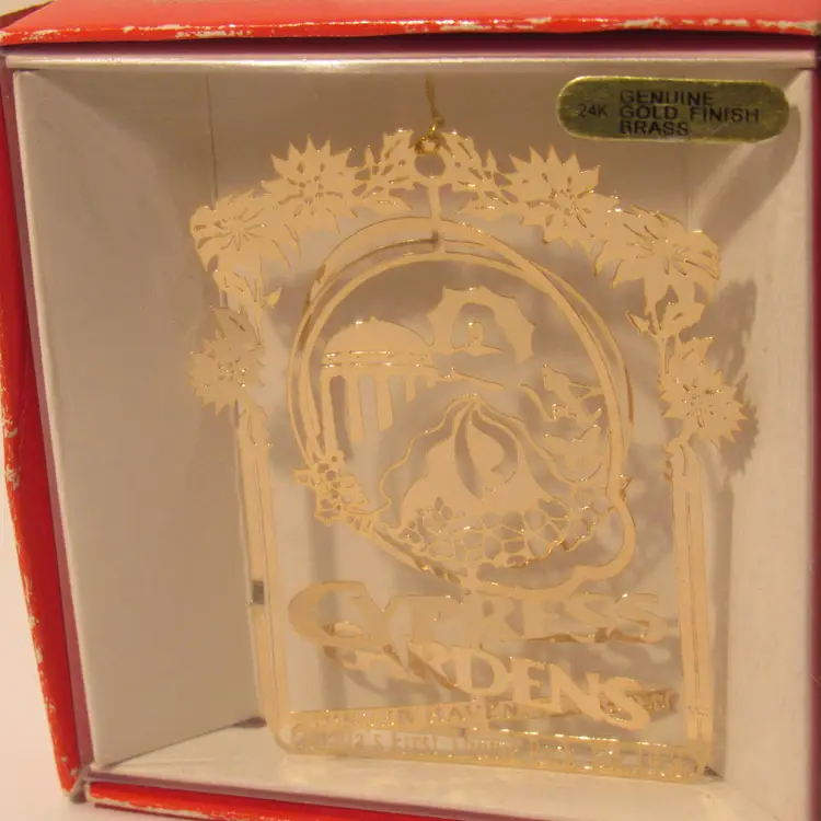 Vintage Cypress Gardens Florida, Commemorative Christmas Ornament 24K Gold Brass