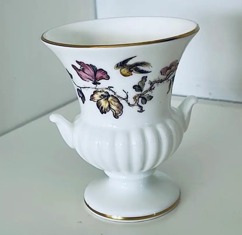Wedgwood, bone china urn with bird and flowers, gold accents. Made in England.
