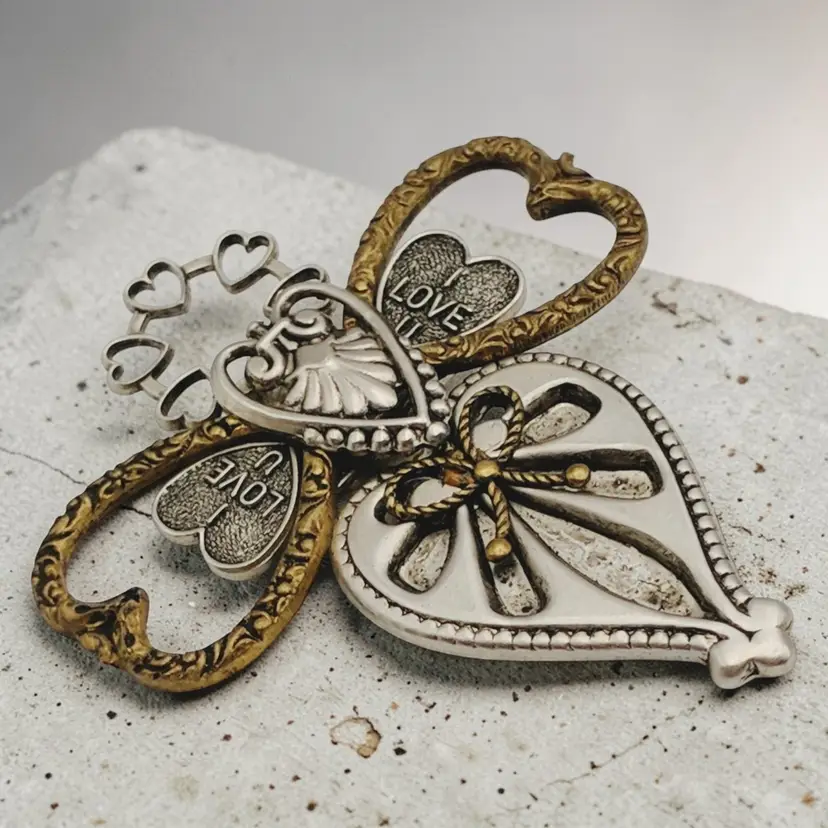 Cross Embellished w/ Hearts & I Love U Silver & Copper Tone Brooch Treska