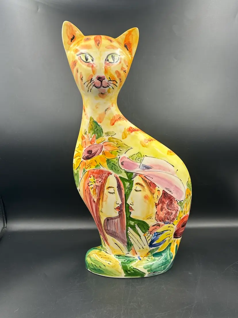 Tall Turov Art Ceramics Hand Painted Cat Figurine/Statue, Romantic Couple And Landscape Design