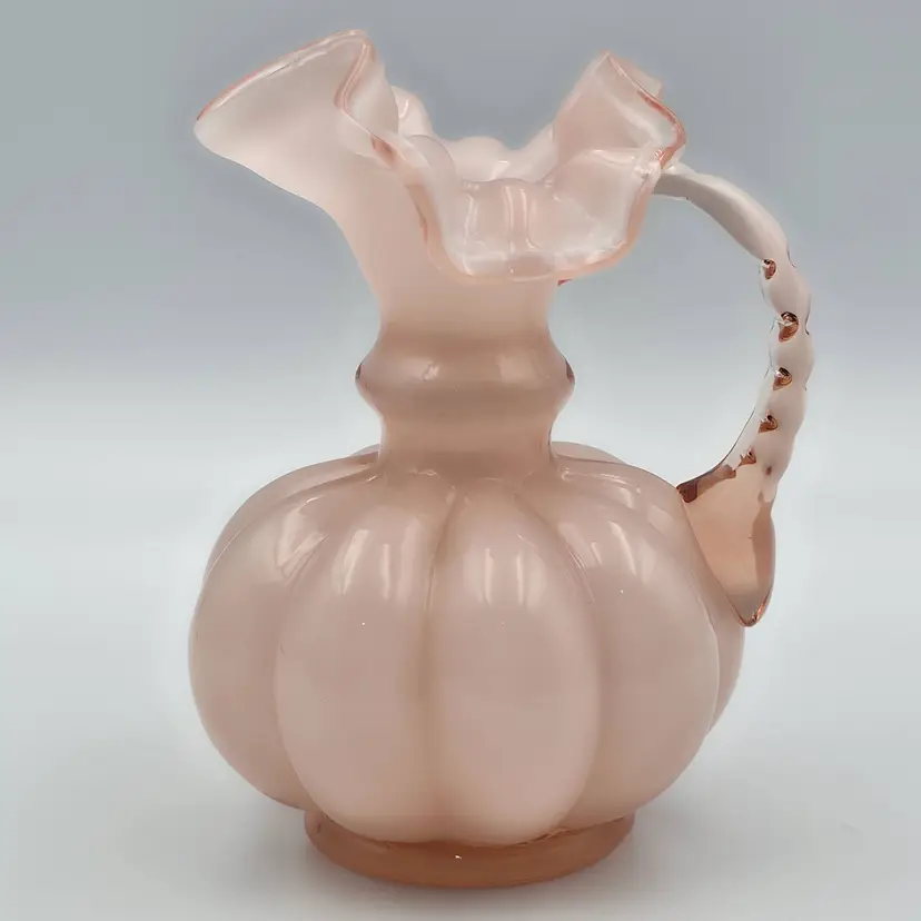 Vintage Fenton Dusty Rose Pink Overlay Melon Pitcher Crimped Ruffle Top