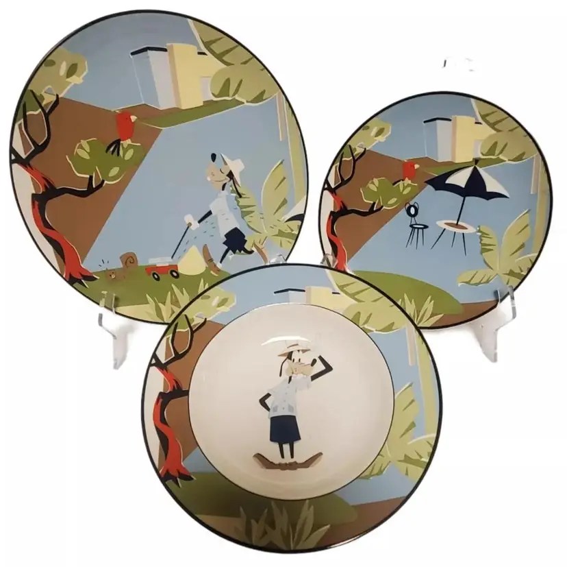 Disney Direct Abstract Design Goofy Dinner Plate Salad Plate Rimmed Bowl 3pc Set