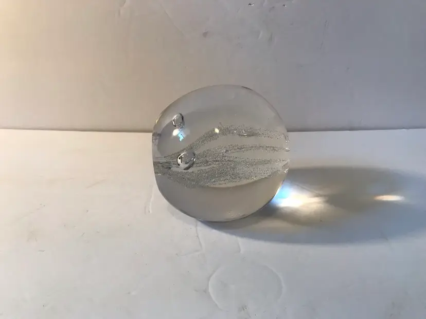 Large 3” Clear Paperweight With Controlled Bubbles And White Design.
