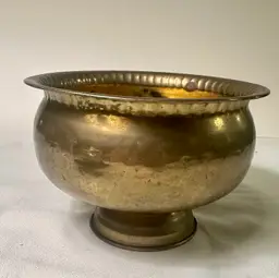 Solid Brass Vintage Pedestal Footed Cachepot - Planter Hammered Decorative Rim