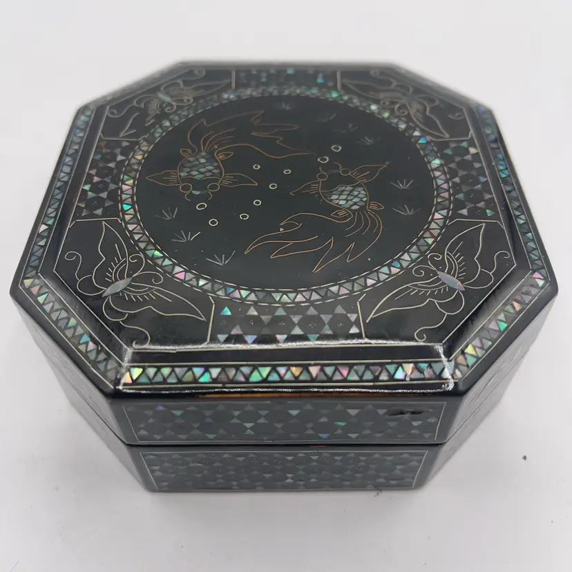 Black Trinket Bikes With Mother Pearl Two Koi Fish On The Top Approximately 4 Inches Across