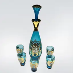 Vintage European Hand Blown Teal Glass Decanter and 5 Cordials- Gold Accents with Beautiful Applied Flowers- Decanter 11.25" Tall w/ Stopper, Glasses- 2.5" tall