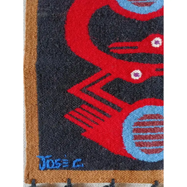 Jose Cotacachi Vintage Wool Tapestry Bird Motif Ecuadorian Folk Art Weaving