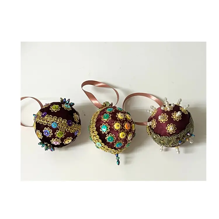 Set of 3 Handmade Vintage Style Push Pin Christmas Ball Ornaments Sequins Beads Ribbon 2 in Height