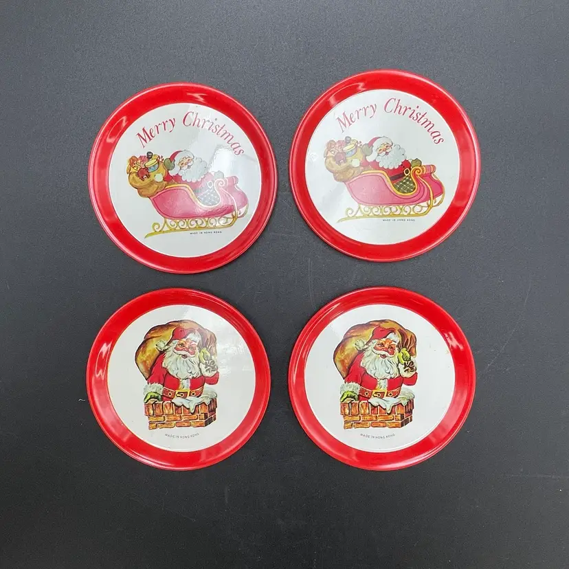 Tin Metal Santa Claus Christmas Holiday Kitschy Coasters Barware VTG Set of 4