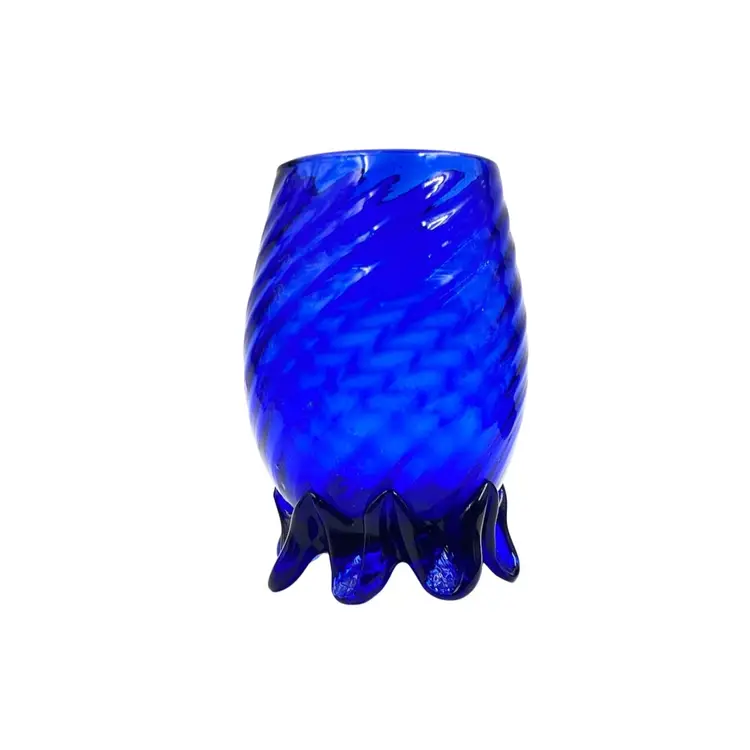 ART GLASS VASE Blown Glass Cobalt Blue Swirl OpticsApplied Footed Base Beautiful! (3” Opening)5.75x3.5”