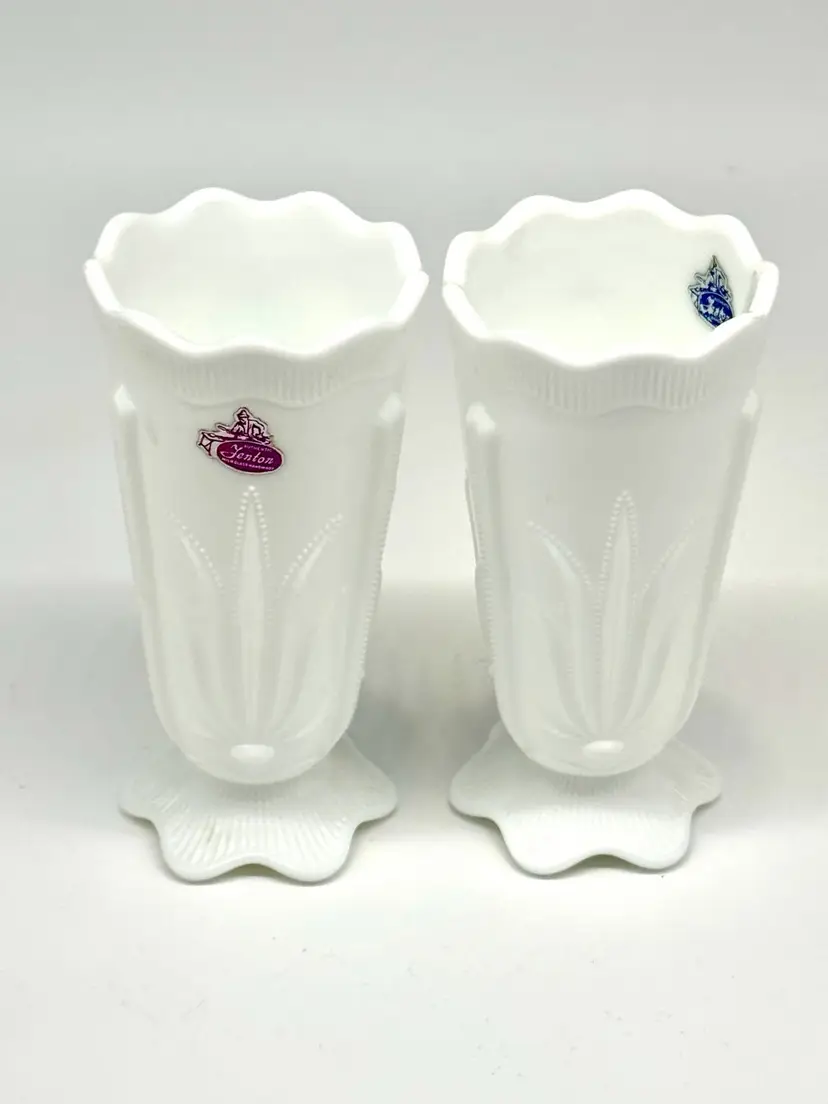 012.  Pair Vintage Fenton Milk Glass Cactus Pattern Footed Vases So Elegant w Fenton Labels On Each