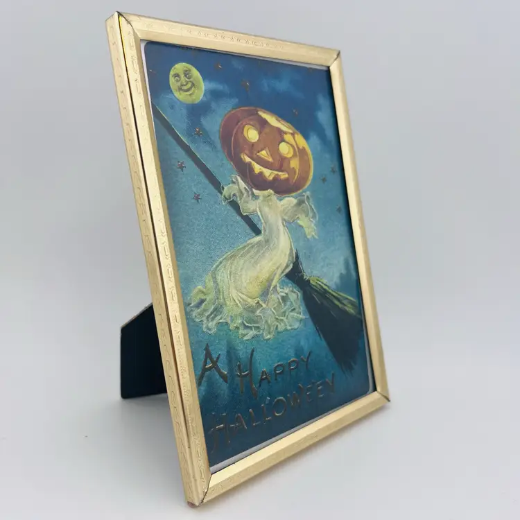 Vintage Inspired Jack O Lantern On Broom Postcard In Vintage Brass Frame 4”x6”