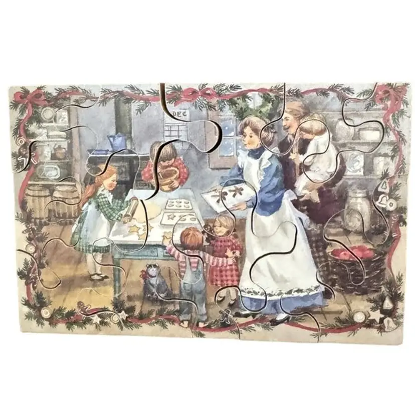 VINTAGE WOODEN PUZZLE CHRISTMAS ORNAMENT CHILDREN BAKING COOKIES 6.25" X 4"