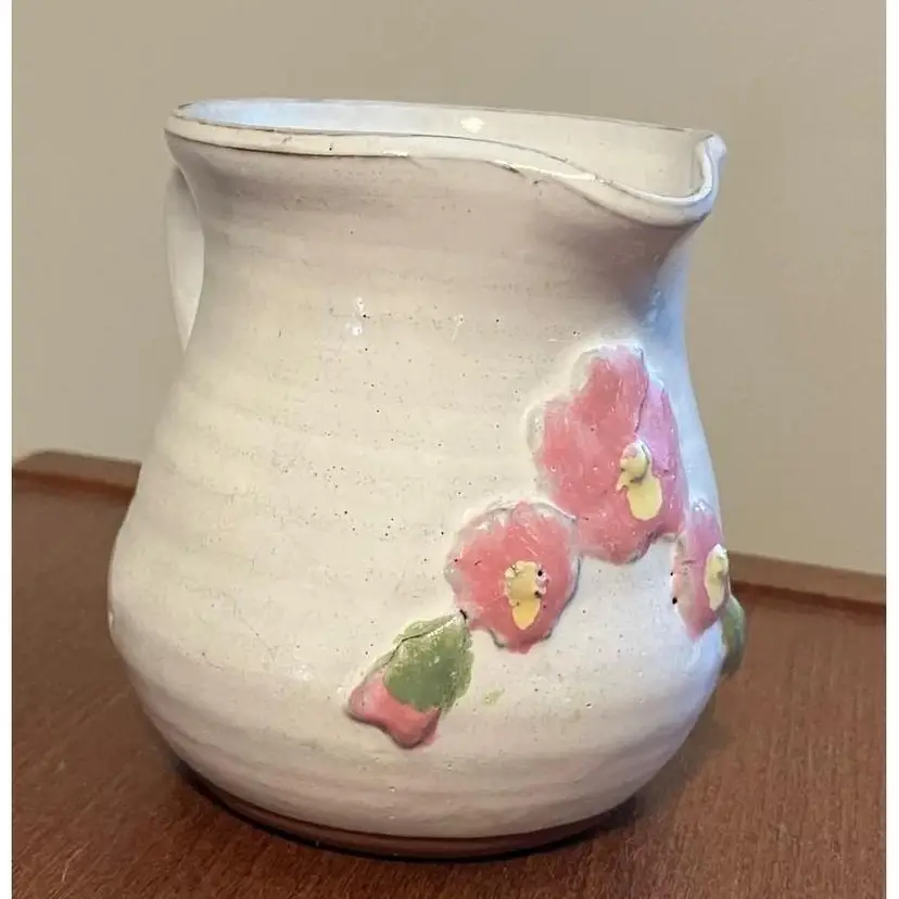 #01 - Art Pottery red clay white glazed pink flowers pitcher creamer