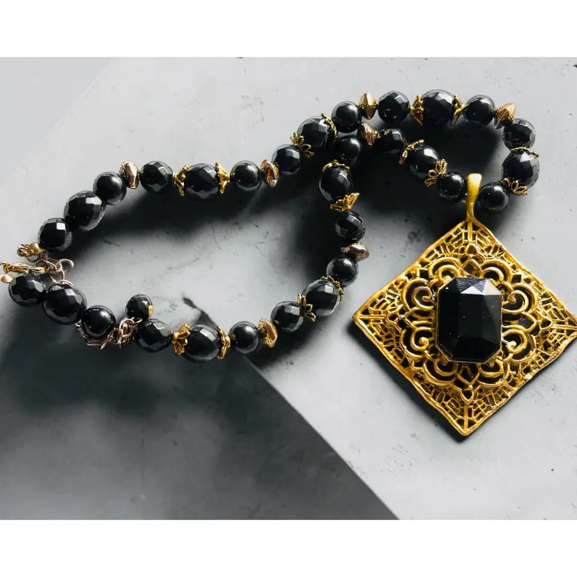 Vintage Black Faceted Bead Necklace 15” + 3” Extender with 2” Gold Tone Black Rhinestone Pendant